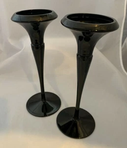 Pair Of Rare Elegant Art Deco Black Glass Candlesticks, 9 1/4” Tall - Imagen 1 de 4