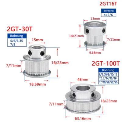 MARKENLOS GT2 Zahnrad 2GT 16-100 Zähne Riemenscheibe Breite 7mm Pulley für CNC 3D Drucker