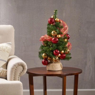 2'RED/GOLD DECORATION BURLAP TREE , 50 WARM WHITE LED LIGHTS-BATTERY OPERATED - Image 1 of 4