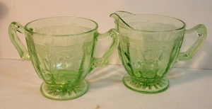 Anchor Hocking Cream & Sugar Cameo Ballerina Pattern Green Uranium Glass - Picture 1 of 6