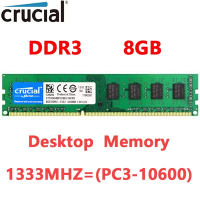 CRUCIAL DDR3 8GB 1333 MHz PC3-10600 Desktop Memory RAM DIMM Non ECC 240pin 1X8GB - Image 1 of 4