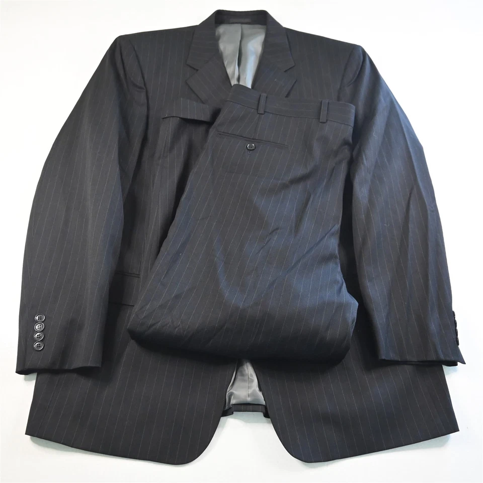 Andrew Fezza 46L 40x28 Charcoal Gray Striped 100% Wool Mens Jacket Pants Suit - Image 1 of 4