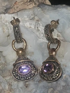 Sterling Silver, Amethyst  & Marcasite Dangle Earrings Marked 925A Thailand - Picture 1 of 9