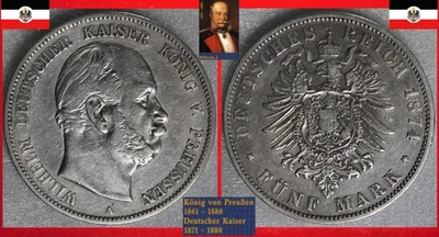 DEUTSCHES REICH 5 MARK 1874 A BERLIN * WILHELM I. Deutscher Kaiser ss Jäger 97 - Bild 1 von 4