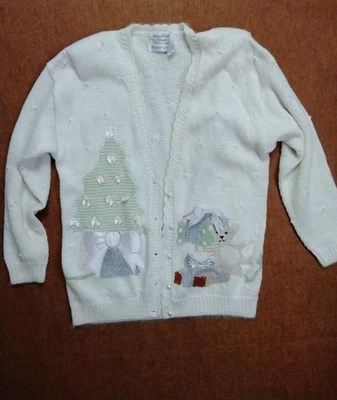 Marisa Christina Navidad Cárdigan Suéter Mujer M L Blanco Árbol Oso De Colección Foto 1 de 4