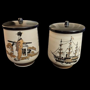 Vintage Japanese Porcelain Tea Caddies w/ Plastic Lids – Geisha & Ship - Picture 1 of 9