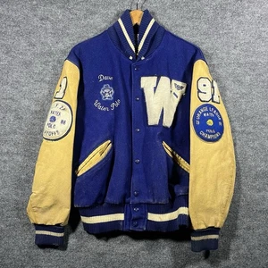 Vintage 90s Blue White Wool Leather Snap Varsity Letterman Bomber Jacket Sz 44 - Picture 1 of 12