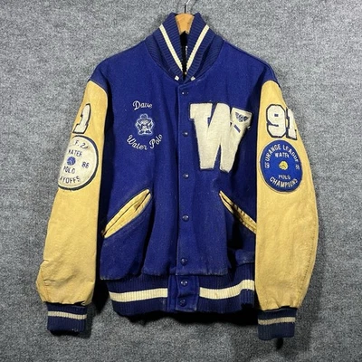 Vintage 90s Blue White Wool Leather Snap Varsity Letterman Bomber Jacket Sz 44 - Image 1 of 4