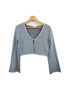 Zara Jacquard Strick Top Medium Hellblau Geometrisches Muster Schlagärmel Festival - Bild 1 von 11