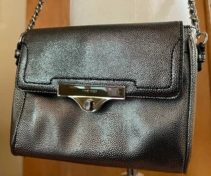 NINE WEST METALLIC SILVER FAUX LIZARD SKIN LEATHER HANDBAG CHAIN STRAP PURSE - Picture 1 of 20