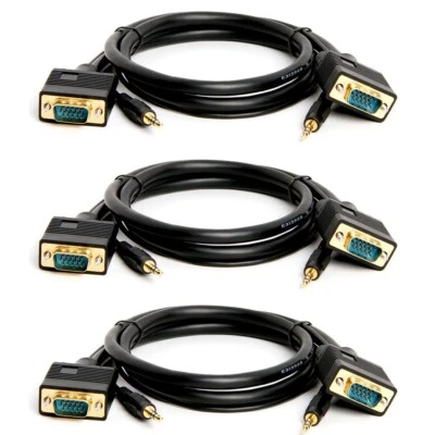 3x 3FT VGA SVGA 15 Pin Male to Male Cable 3.5mm Audio PC Monitor HDTV 1080p Gold - Image 1 of 4