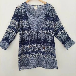 Camicia blu fico e fiore taglia media tunica blusa floreale boho oversize - Foto 1 di 7