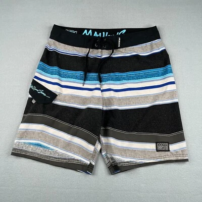 Maui And Sons 泳裤男式 32 中号蓝色黑色条纹弹力冲浪海滩 — 第 1/4 张图片