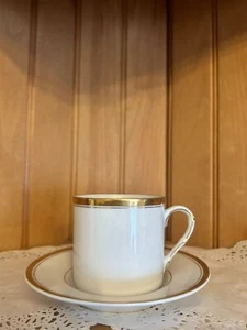 Vintage Fitz & Floyd Palais Demitasse Cup and Saucer Gold Stripe White Porcelain - Picture 1 of 8