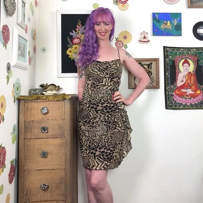 Vintage Leopard Print Mesh Dress, 1990s Bodycon Dress with Ruffle, Size Small - Image 1 of 4