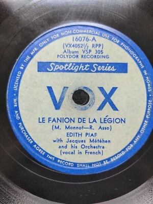 78 RPM Le Fanion de la Legion Y A Pas D'Printemps Edith Piaf VOX 16076 Foto 1 de 4