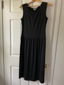 J Crew Pleated Modest Maxi Shift Dress USA Made Black Large Drop Waist High Neck - Picture 1 of 4