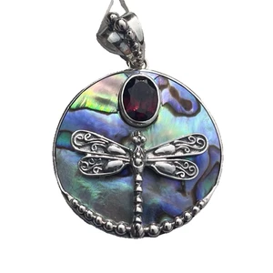 Bali Sterling Silver Abalone Dragonfly Pendant Garnet Round Nature Statement NEW - Picture 1 of 21