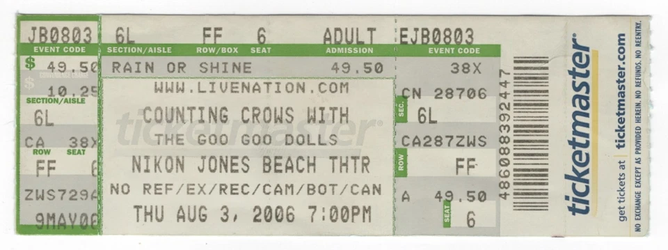Counting Crows & The Goo Goo Dolls 8/3/06 Jones Beach NY Ticket! GGD - Image 1 of 1