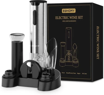 EUHOMY Abridor de Vino Eléctrico con Base de Carga, Aireador Vertedor Plateado  Foto 1 de 4