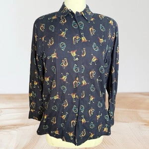Vintage Brooks Brothers Sz XS Equestrian 40" Bust Bridle Horseshoe Blouse Black - Picture 1 of 9