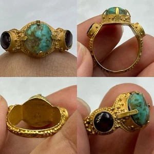 Sehr alter antiker griechischer Granat und Türkis Stein Ring massiv hochkarätig Gold - Bild 1 von 13