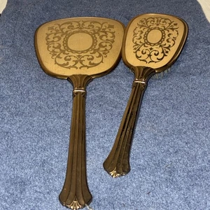 Comò Vanity Set Spazzola per Capelli e Specchio Portatile Ornato Colore Oro Set Vintage - Foto 1 di 5
