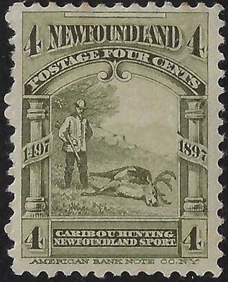 Newfoundland 1897 Scott 64, MHR, 4c olive green. F-VF centering. CV $6   (a7385 - Image 1 of 3