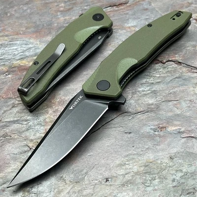 VORTEK CATALYST D2 Ball Bearing Flipper Blade EDC Folding Pocket Knife Green G10