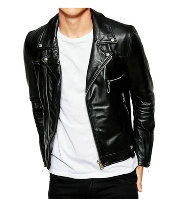 Chaqueta de motociclista negra de cuero de cordero genuino para hombre Abrigo clásico de motociclista Foto 1 de 4