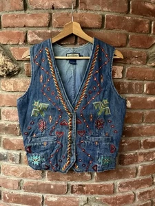 Vintage 80s Ruff Hewn Embroidered Southwest Aztec Blue Denim Vest Size M - Picture 1 of 6
