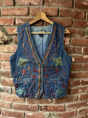 Vintage 80s Ruff Hewn Embroidered Southwest Aztec Blue Denim Vest Size M - Image 1 of 4