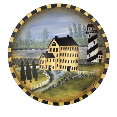 Vtg Pat Fischer Primitive Folk Art Hand Painted Wood Bowl Lighthouse Scene - Image 1 of 4