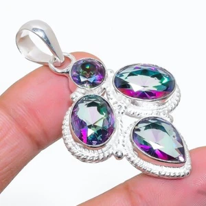 Mystic Topaz Gemstone Handmade 925 Sterling Silver Jewelry Pendant Size 2" - Picture 1 of 1
