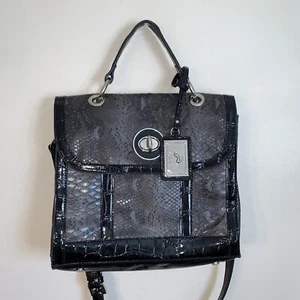 Koret Snakeskin Patent Leather Handbag Crossbody Purse Satchel Black Turnlock - Picture 1 of 11