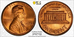 PCGS MS67 RD 1974 Lincoln Memorial Cent Red - Picture 1 of 3