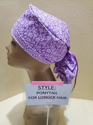 Hibiscus Flowers Purple Women's Ponytail Surgical Scrub Hat/Cap Handmade - Image 1 of 4