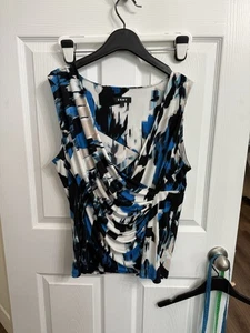 DKNY Women’s Blue Black Abstract Print Draped Front Top XL Sleeveless Blouse - Picture 1 of 6