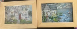 Set Of Two Framed Watercolor Ocean Scenes Sail Boat Beach Flowers L. Watson - Picture 1 of 7