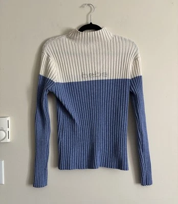 Vintage Y2K Bebe XL Sweater Ribbed Colorblock 2000s Blue Ivory Preppy Rhinestone - Image 1 of 4
