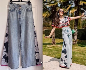 CHANEL 21C WIDE LEG BLUE DENIM CAMELLIA JEANS PANTS CC LOGO BUTTONS 44 - Picture 1 of 23