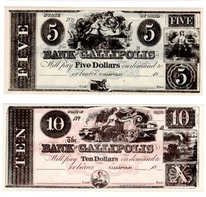1965 souvenir $5 & $10 Banknotes, 175th Anniv., 1790, Bank of Gallipolis, OH - Picture 1 of 2