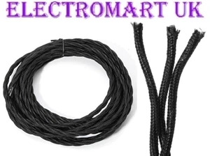 TWISTED BRAIDED ANTIQUE VINTAGE FABRIC LIGHTING CABLE WIRE 3 CORE 0.75MM BLACK - Picture 1 of 1