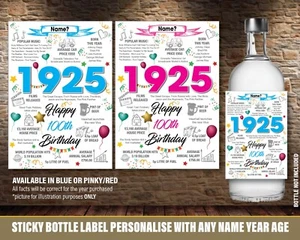 1925 100TH PERSONALISED GIN VODKA RUM bottle label birthday Year Sticker 151 - Picture 1 of 5