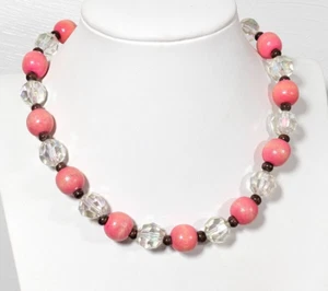 Beachy Coastal Pink Wood Bead Brown AB Acrylic Bead Bold Necklace 17 inches - Picture 1 of 8