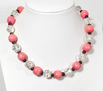 Beachy Coastal Pink Wood Bead Brown AB Acrylic Bead Bold Necklace 17 inches - Image 1 of 4