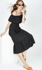 Black Belted Bardot Tiered Midi Length dress Bandeau Size UK 10 New - Picture 1 of 2