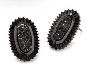 Kendra Scott Black Drusy Gunmetal Baguette Ellie Stud Earrings NWT - Picture 1 of 6