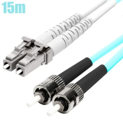 15M LC to ST UL OM4 50/125 Duplex Multi-Mode Fiber Optic Patch Cable OFNR Aqua - Image 1 of 3
