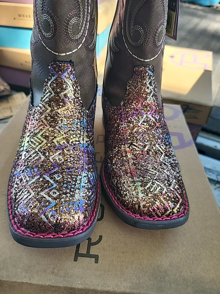 Roper Kids Boots Glitter Aztec Brown Sq Toe Sz 13